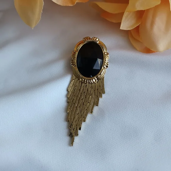 Vintage 80's Black and Gold Tassel Brooch - Picture 3 of 8